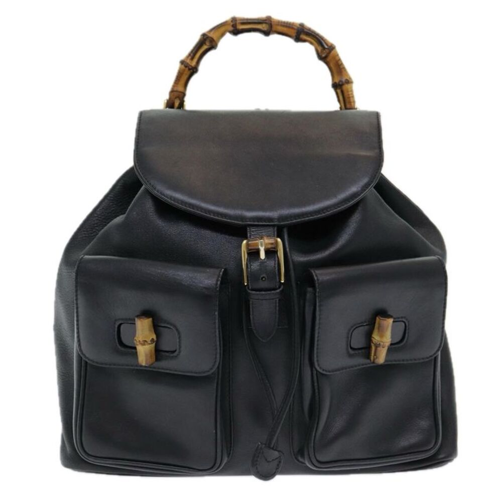 Gucci Vintage Bamboo Backpack Leather Black Leather Backpack Bag - Picture 1 of 16